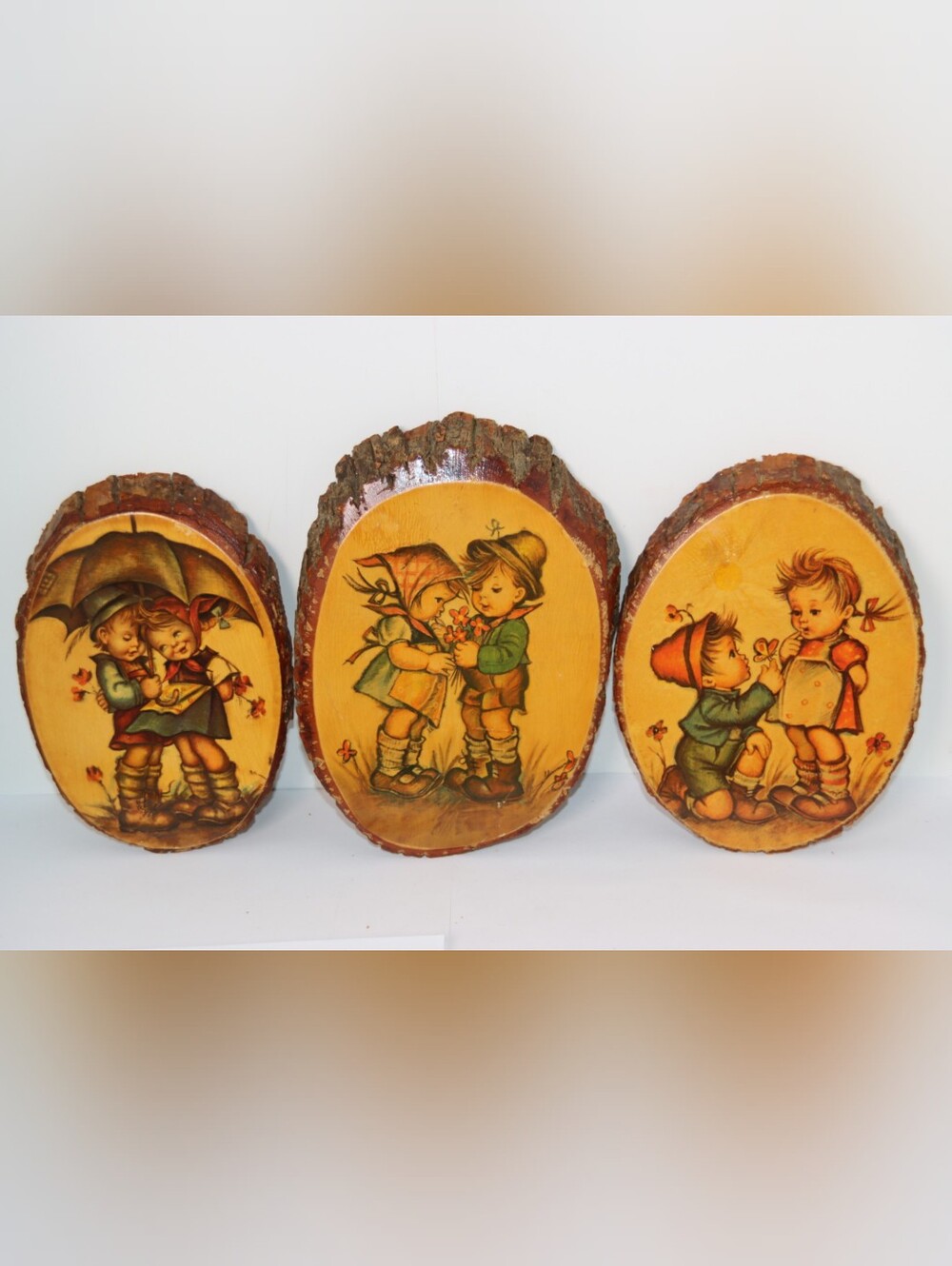 Vintage Hummel-Style Wood Plaques Set of 3 — Children Scenes in Warm Tones